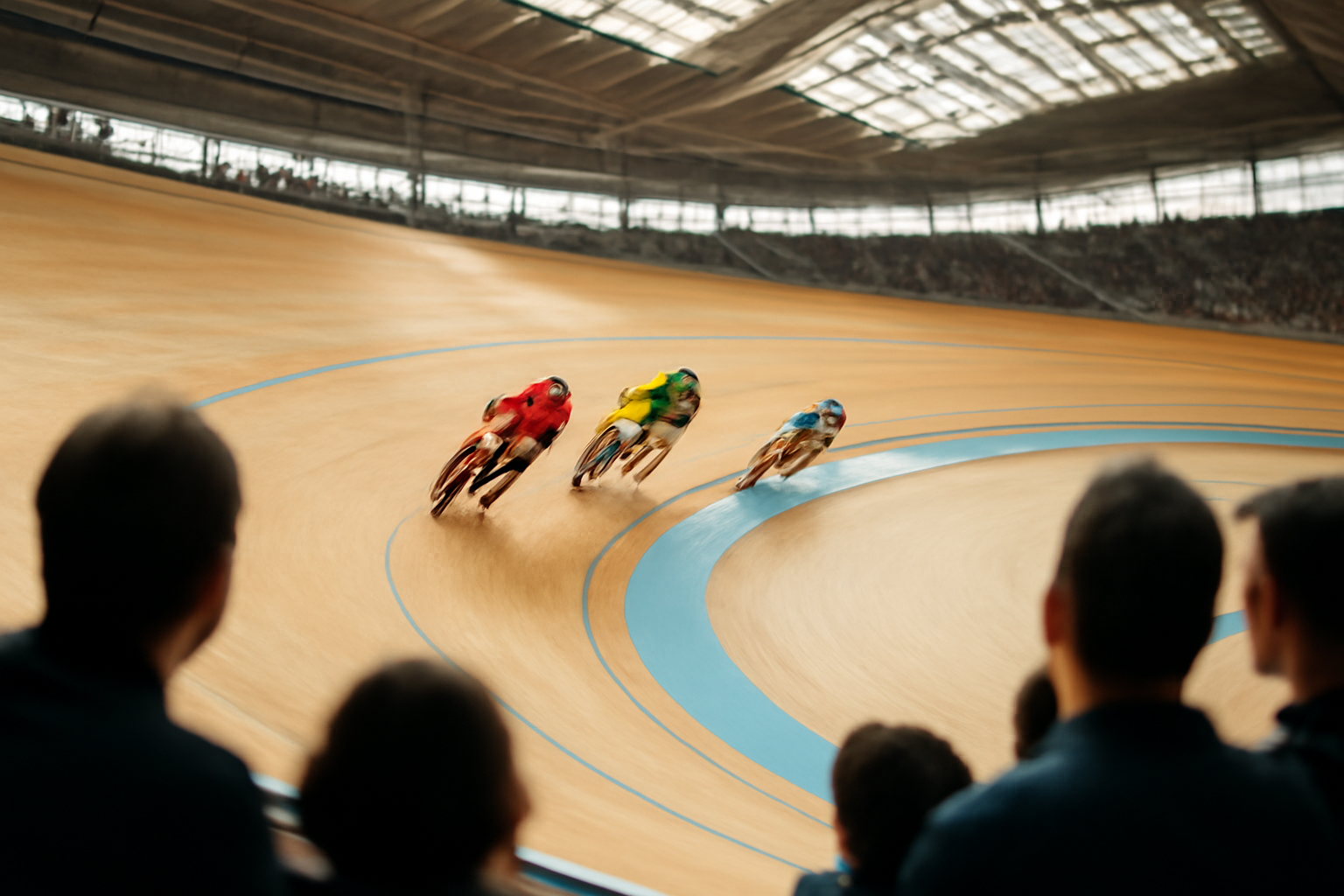 Pembalap trek melintasi tikungan velodrome di depan penonton