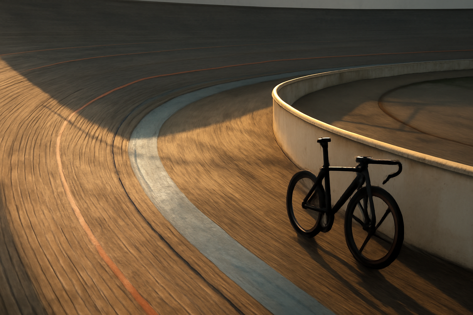 Velodrome dengan trek kayu miring dan sepeda trek terparkir di pagar pembatas