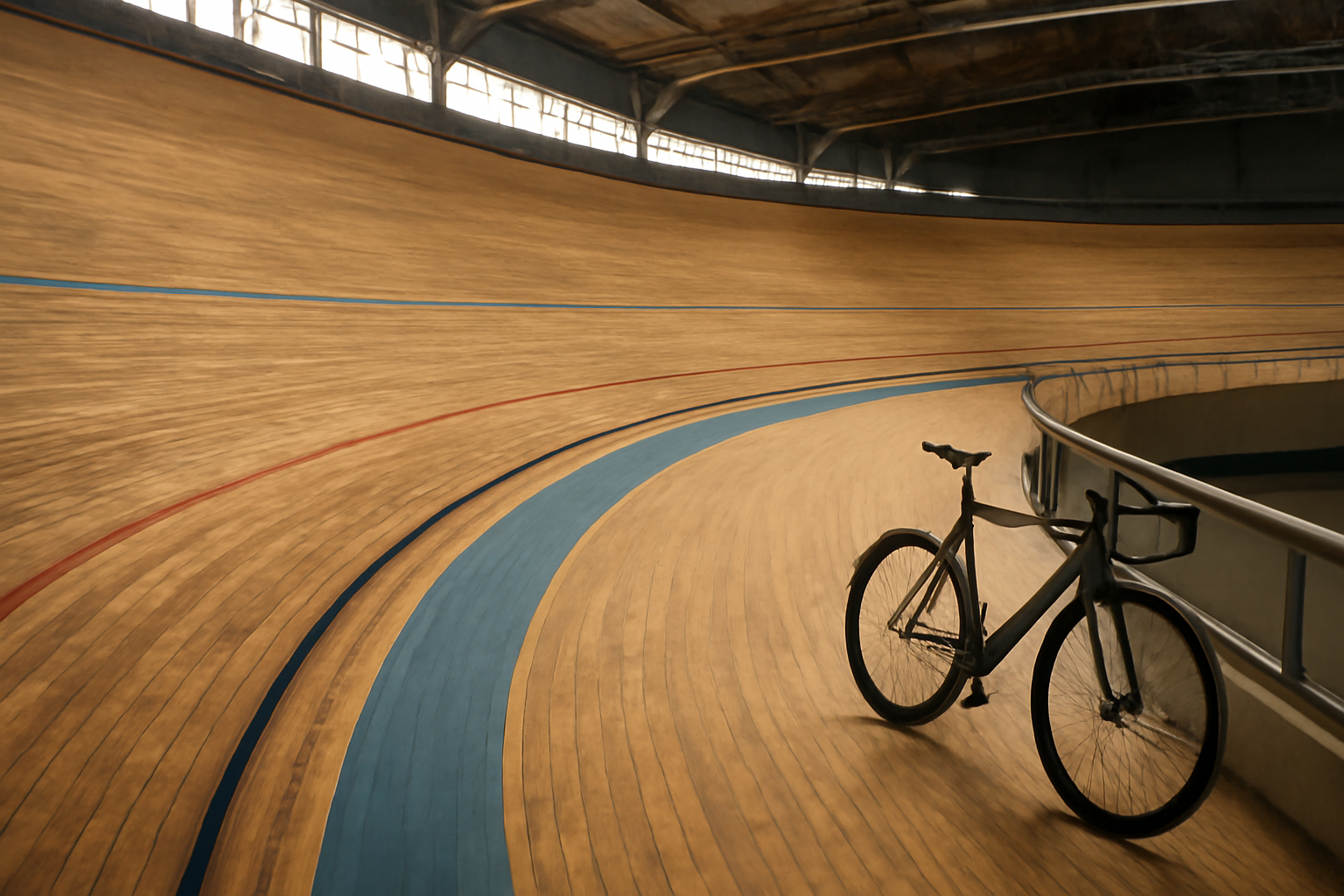 Lintasan velodrome kayu indoor dengan tikungan curam dan sepeda trek di tepi lintasan
