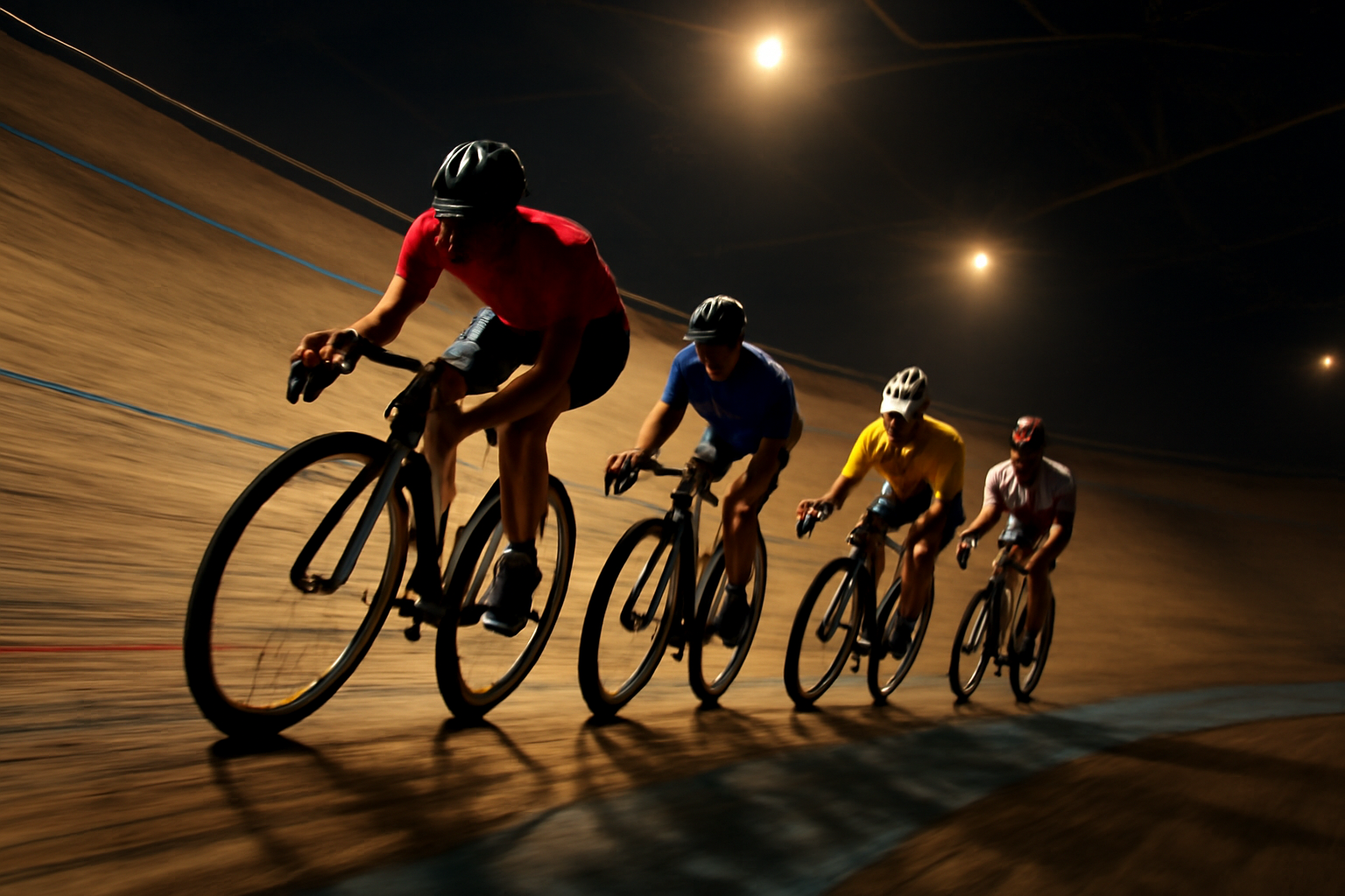 Pesepeda trek melaju di tikungan velodrome dengan lintasan kayu miring