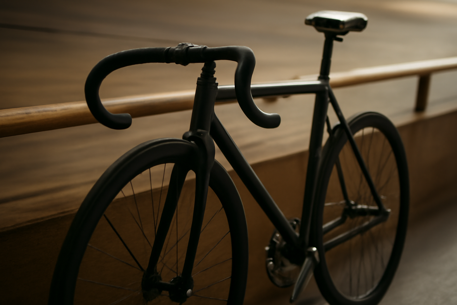Sepeda trek fixed gear bersandar di pagar velodrome kayu