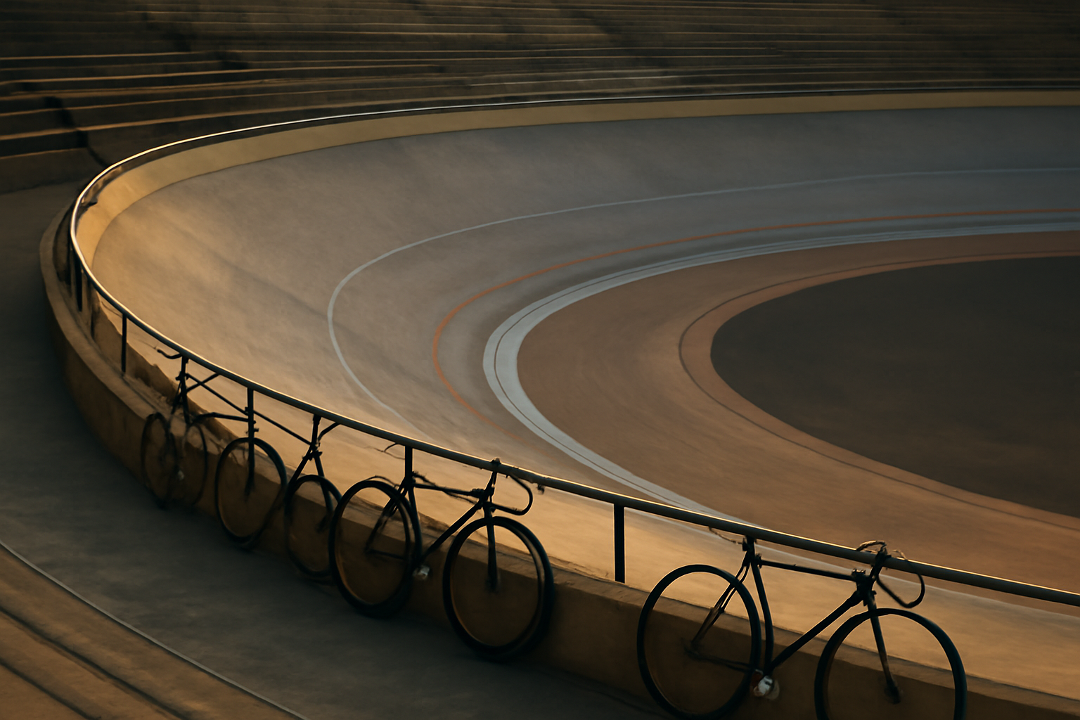 Lintasan velodrome dengan tikungan miring dan sepeda trek terparkir di pagar dalam