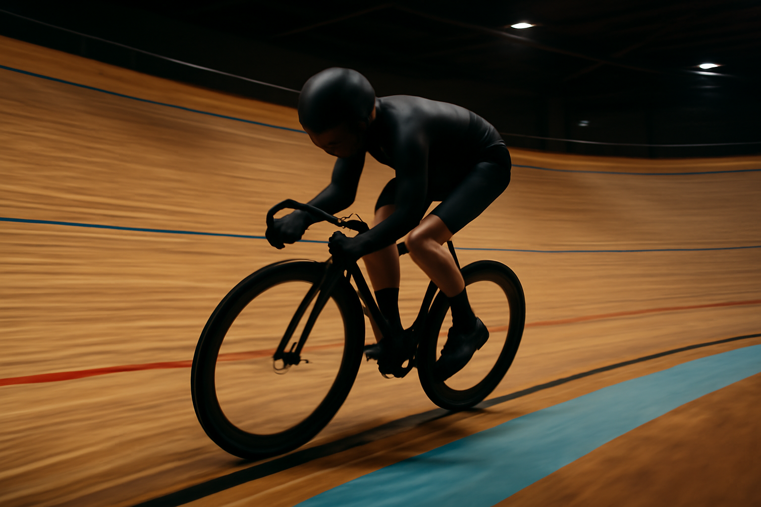 Pesepeda trek melaju di tikungan velodrome dengan perlengkapan balap lengkap
