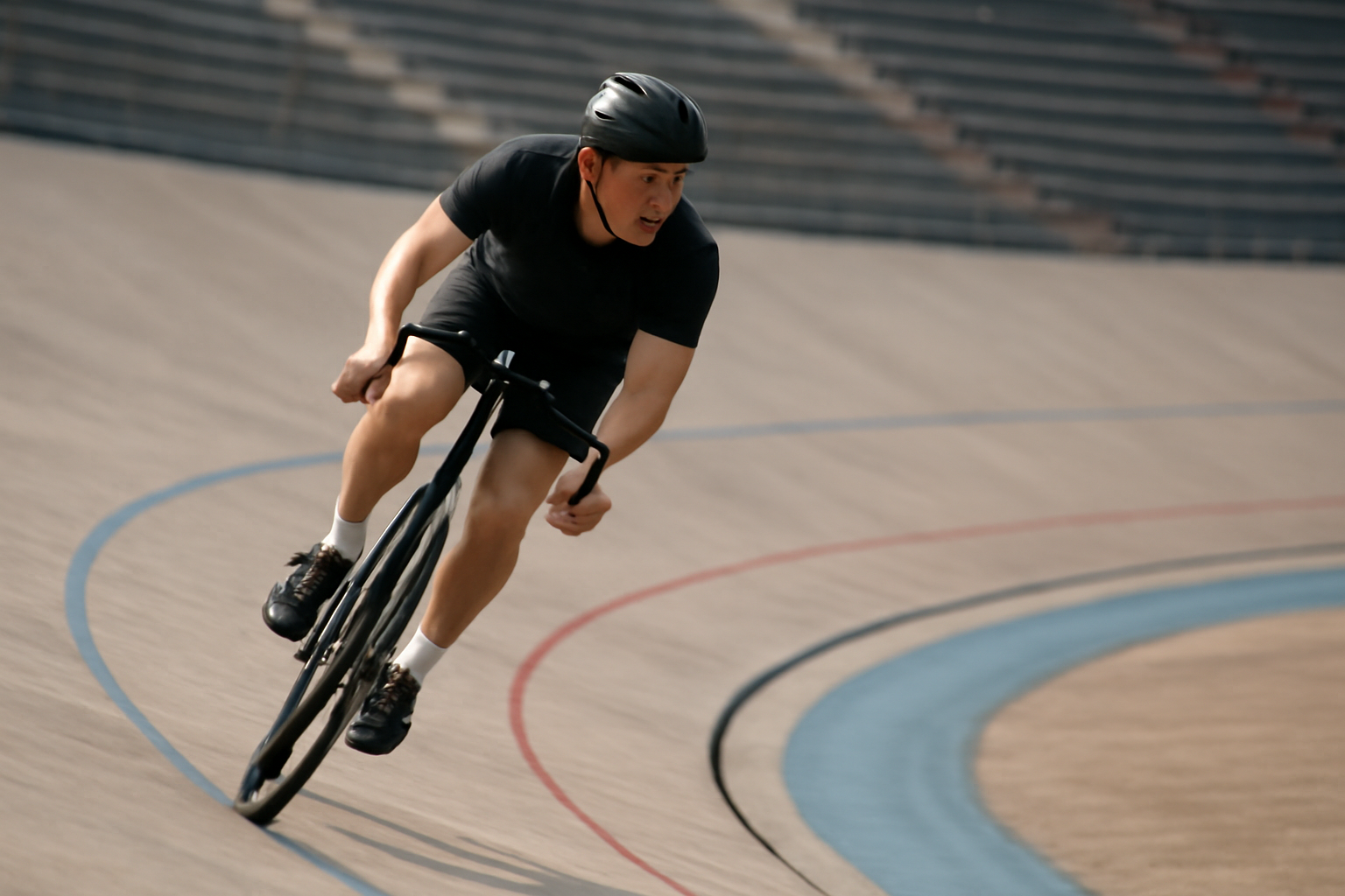 Pesepeda pemula berlatih di velodrome dengan sepeda trek